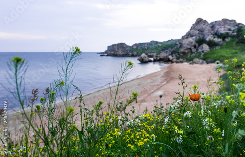 Beautiful sea landscape. Sea coast. Coast of the Azov Sea, Crimea, Kerch, General Beaches.