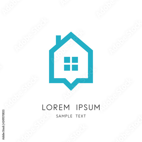 Home outline logo - house with window and chimney and address symbol. Realty and real estate agency, place mark and position vector icon.