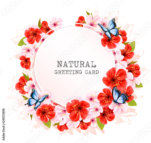 Spring nature getting card with a colorful flowers and butterflies. Vector
