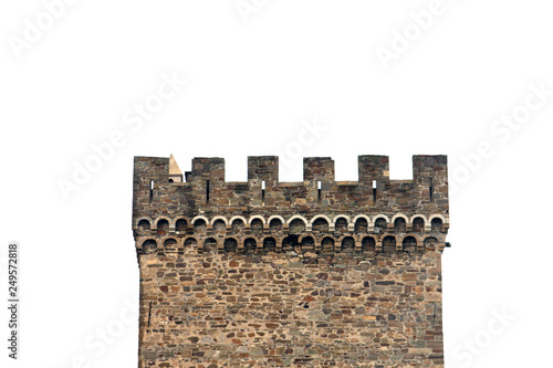 beautiful old ancient mountain castle - Genoese fortress with stone walls with battlements isolated on white background. The medieval citadel isolated photo