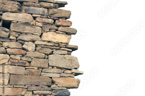 old ancient ruined stonework wall of bricks and stone blocks foreground closeup isolated on white background