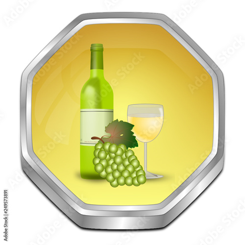 Button with wine bottle, a glass of wine and Grapes - 3D illustration