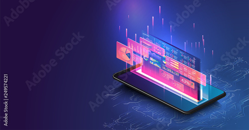 Data statistics. Web Banner. Graph and analytics data on isometric mobile phone. Modern landing page design. Vector