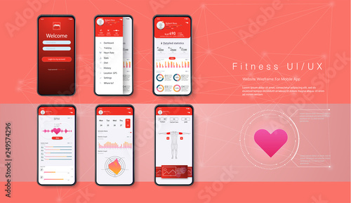 Different UI, UX, GUI screens fitness app and flat web icons for mobile apps, responsive website including. Web design and mobile template. Fitness Dashboard - stock vector