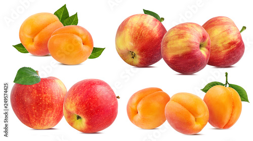 Fresh apricots and apples with leaves isolated on white background with clipping path