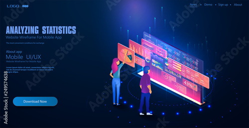 	 Isometric men and a woman wearing goggle headset with touching vr interface. People interacting with analyzing statistics and charts. Analysis trends and financial strategy by using infographic.