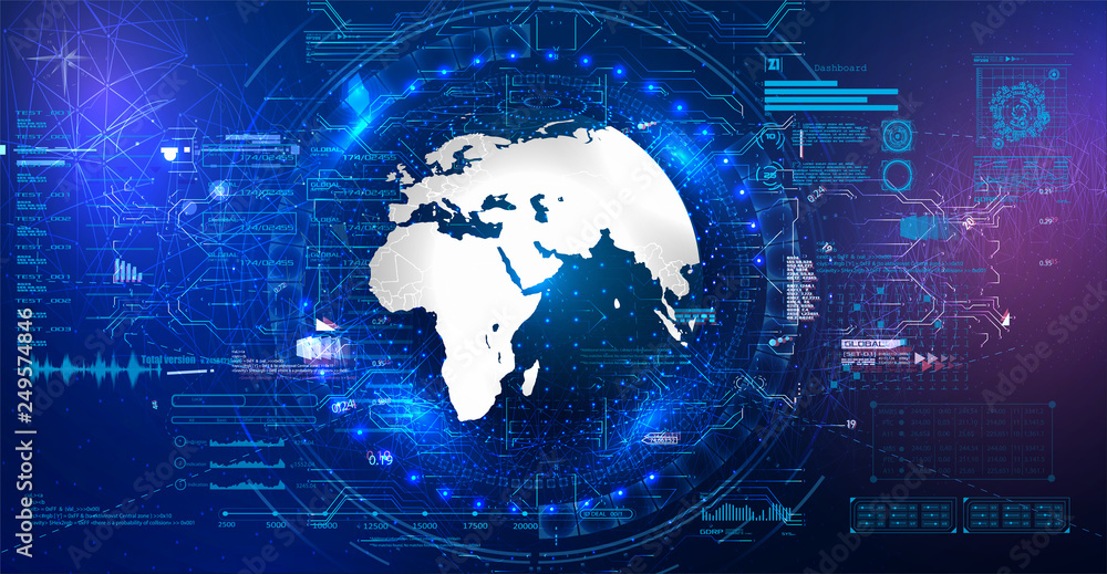 UI HUD interface, earth globe, control center, command, game, vector with graphs. Futuristic blue background UI HUD interface, earth globe, control center, command, game, vector with graphs. Futuristic blue background