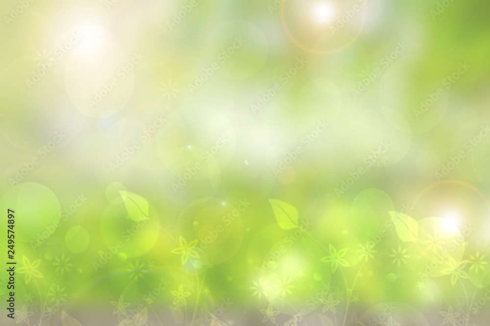 Abstract natural spring light green background texture with leaves and bokeh circles. Space.