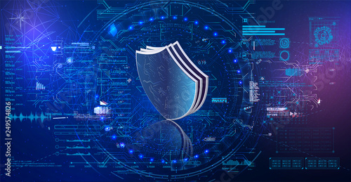 Safety concept, shields on digital background, cyber security, Blue abstract internet technology background illustration. Vector in style HUD UI GUI