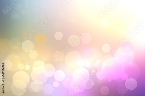 Abstract purple gradient yellow background texture with blurred bokeh circles, polygons and lights. Space for design.