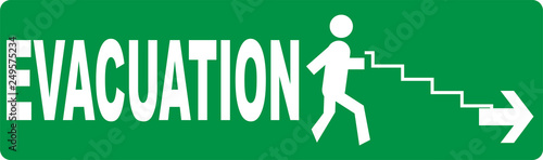 Evacuation sign on green background with with silhouette of a person, stairs and arrow symbol