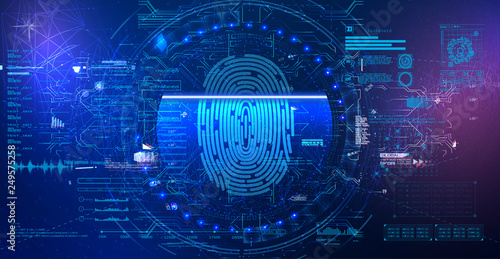 Finger Scan in Futuristic HUD UI GUI style . Concept of digital security, electronic fingerprint on scanning screen. Cyber security concept. Futuristic blue and red background. Vector