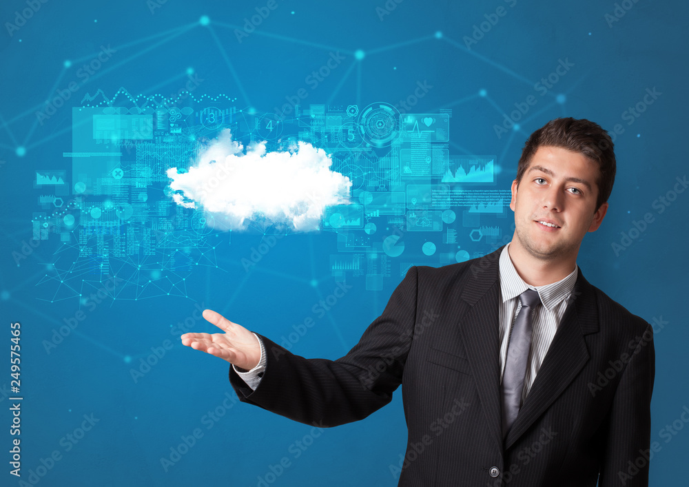 Young smiling person presenting cloud technology concept
Young smiling person presenting cloud technology concept