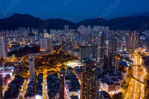 Top view of Hong Kong downtown city at night