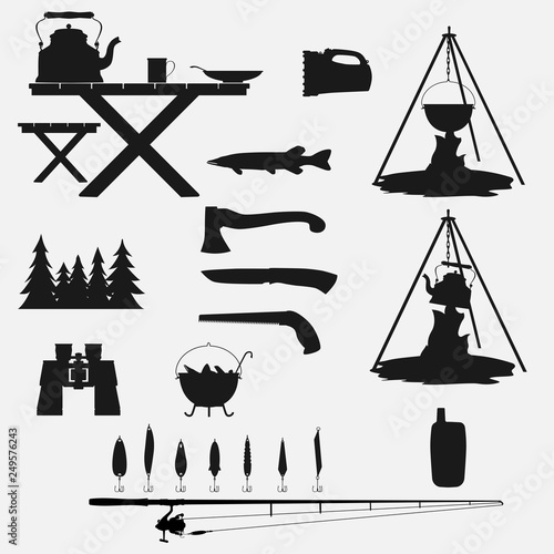Set of silhouettes for an active lifestyle. For tourism and nature trips in good company of friends.