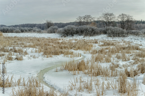 Winter landscape with river in winter.