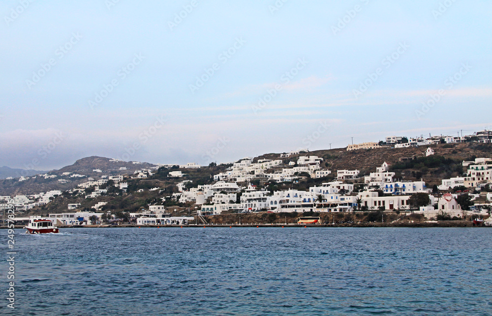 Harbor of Chora, the capital and principal town of the island of Mykonos, Greece in the Aegean Sea.
