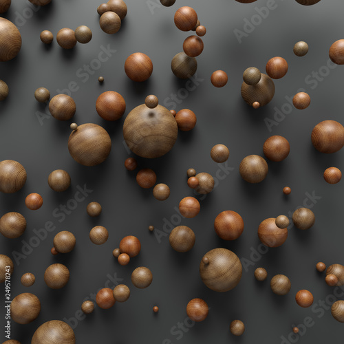 Wooden abstract spheres backdrop. 3d rendering balls, illuminated cold and warm. Interior room