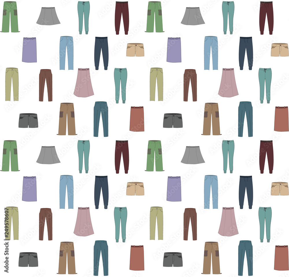 Seamless background with bottom in cartoon style. Spring and autumn collection of fashion man and women clothing. Color vector pattern Seamless background with bottom in cartoon style. Spring and autumn collection of fashion man and women clothing. Color vector pattern