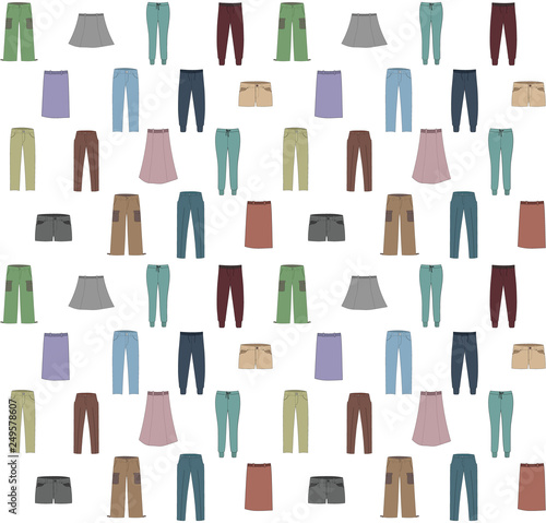 Seamless background with bottom in cartoon style. Spring and autumn collection of fashion man and women clothing. Color vector pattern