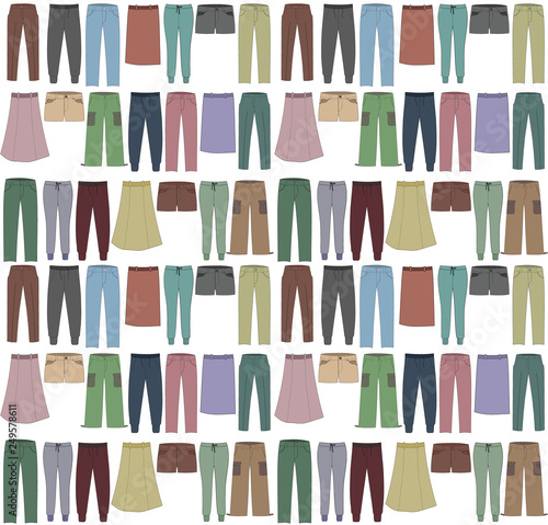 Seamless background with bottom in cartoon style. Spring and autumn collection of fashion man and women clothing. Color vector pattern