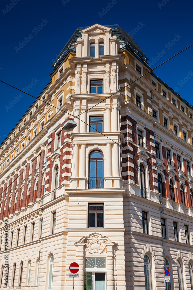 Beautiful antique building at the corner of Linke Bahngasse and Beatrixgasse
