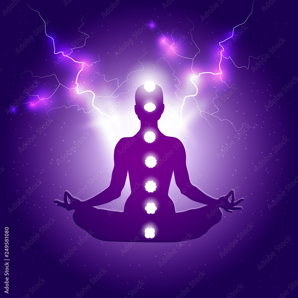 Human body in yoga lotus asana and seven chakras symbols on dark blue purple starry background with light or lightning bolts