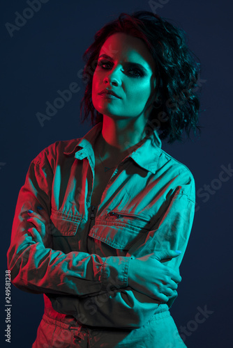 Girl studio portrait, red and blue contrast light