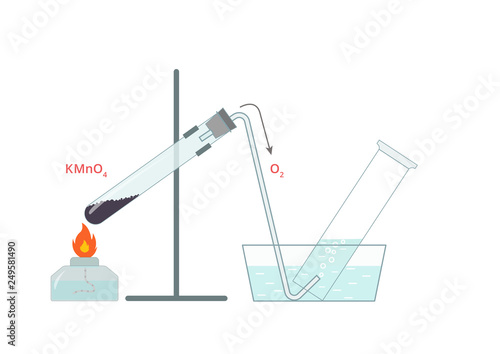Vector illustration of thermal decomposition of potassium permanganate. Oxygen is liberated