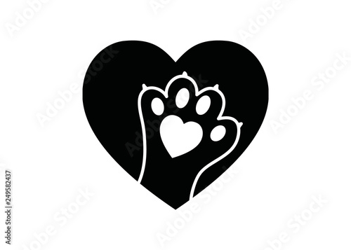 Black and white simple logo with animal paw in heart