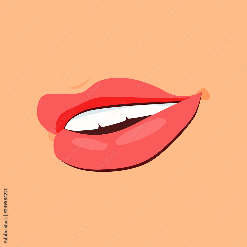 Smiling female lips vector illustration. Flirting, temptation, talking. Facial expressions concept. Vector illustration can be used for topics like emotions, body language, psychology Smiling female lips vector illustration. Flirting, temptation, talking. Facial expressions concept. Vector illustration can be used for topics like emotions, body language, psychology