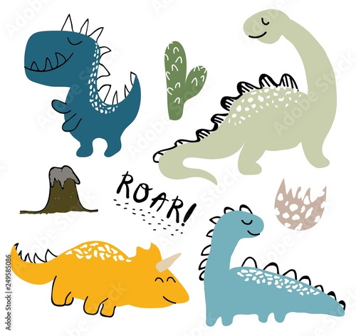 childish dinosaur vector set for fashion clothes, fabric, t shirts. hand drawn vector with lettering