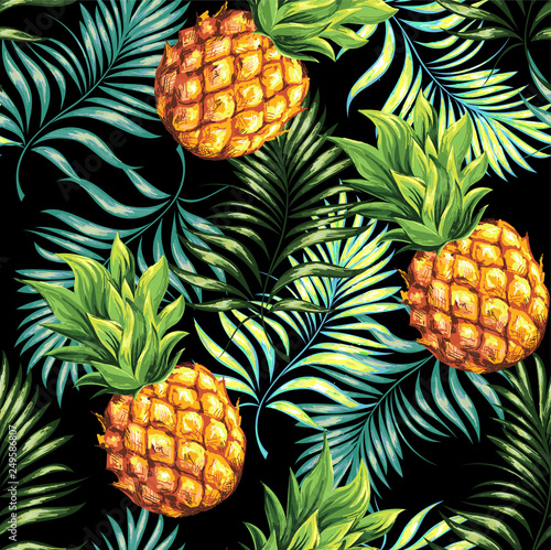 Pineapples are ripe, tropical with palm branches on a black background. Seamless vector pattern.