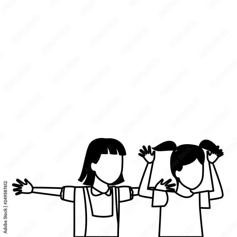Kids playing cartoons black and white Kids playing cartoons black and white
