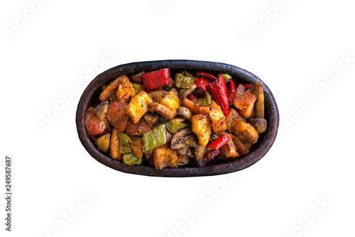 Stew or steam food with vegetables on white background from top view. 