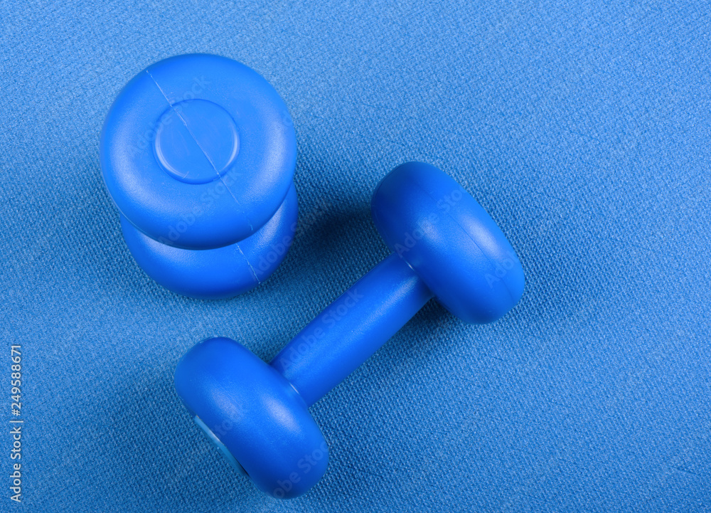 Blue dumbbells for the girl on a blue rug Blue dumbbells for the girl on a blue rug
