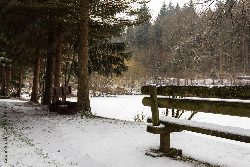park bench on a snowy day at a park winter