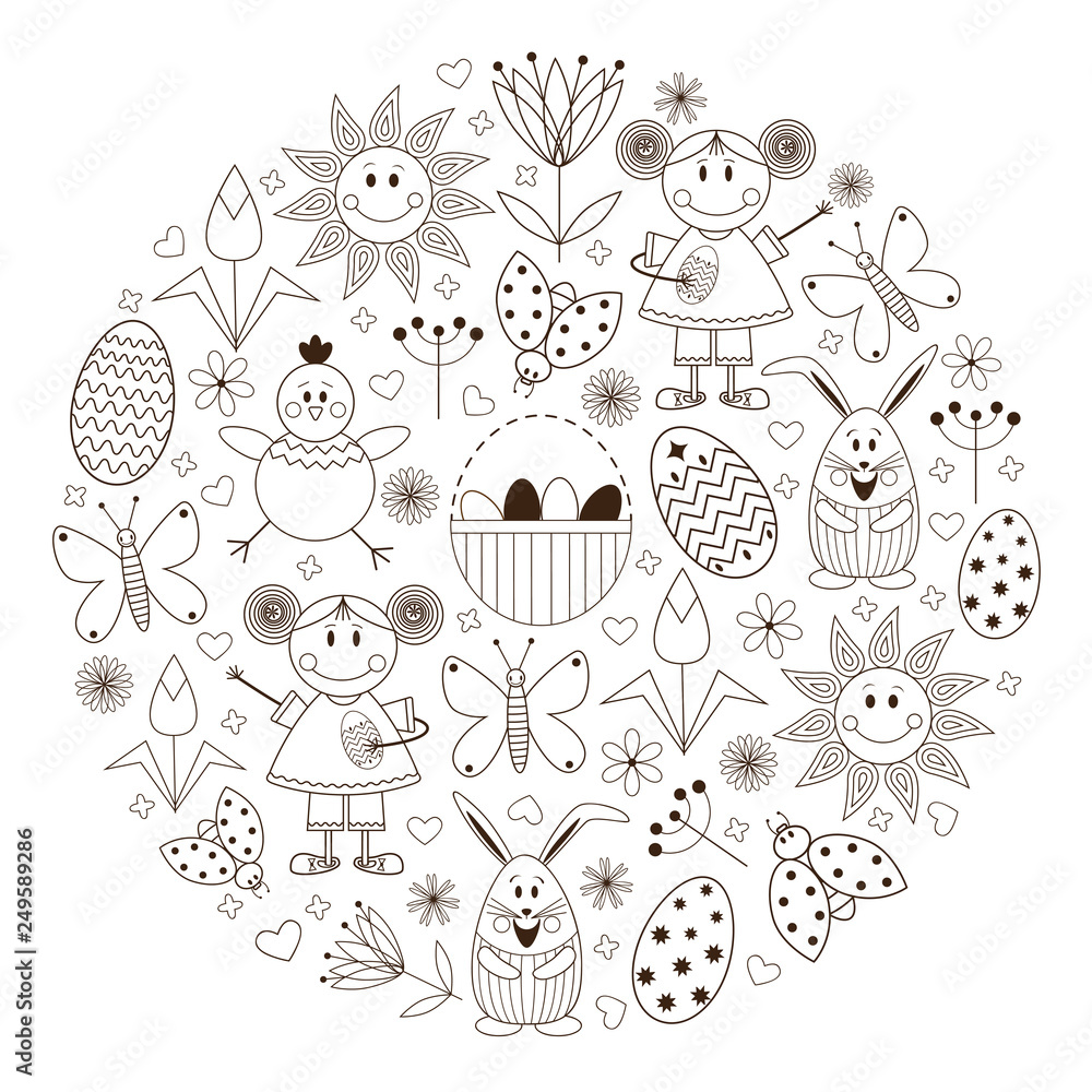 Vector flat set with cute elements for Easter holiday. Funny objects made of childish style. All elements arranged in the round form card template Vector flat set with cute elements for Easter holiday. Funny objects made of childish style. All elements arranged in the round form card template