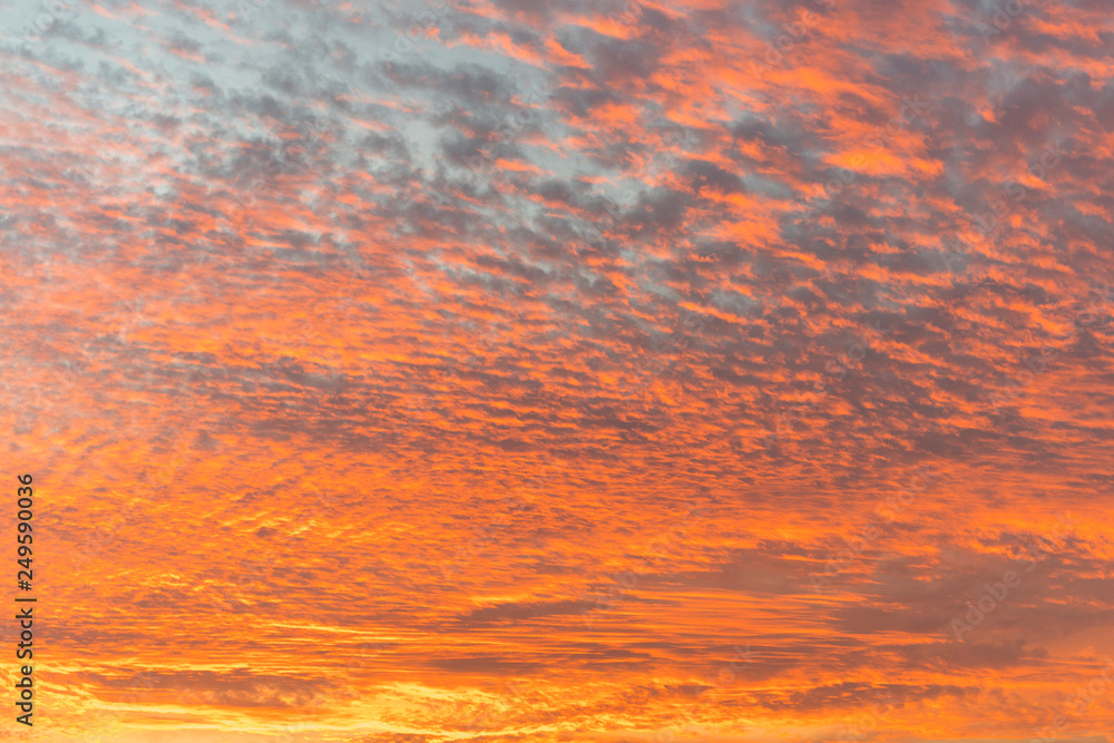 sunset with orange sky. Hot bright vibrant orange and yellow colors sunset sky. sunset with clouds