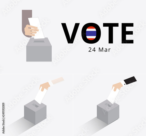 Eligible vector go to the polling station and drop the ballot in ballot box for general election in Thailand,The hand of man, woman and elderly dropped the card into the chest
