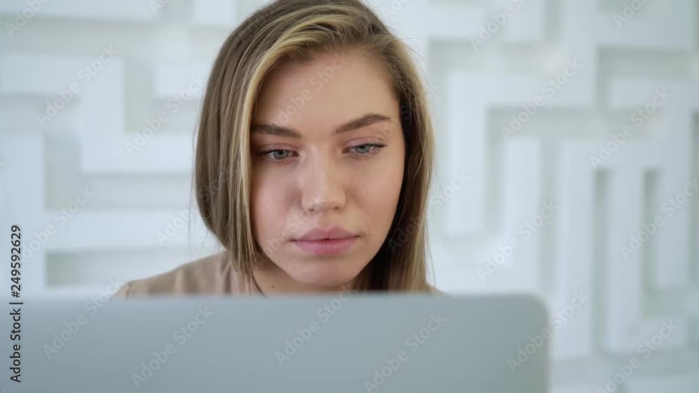 Close up portrait of attractive young female using laptop on abstract maze background. Strategy and career concept. HD Slow motion Close up portrait of attractive young female using laptop on abstract maze background. Strategy and career concept. HD Slow motion