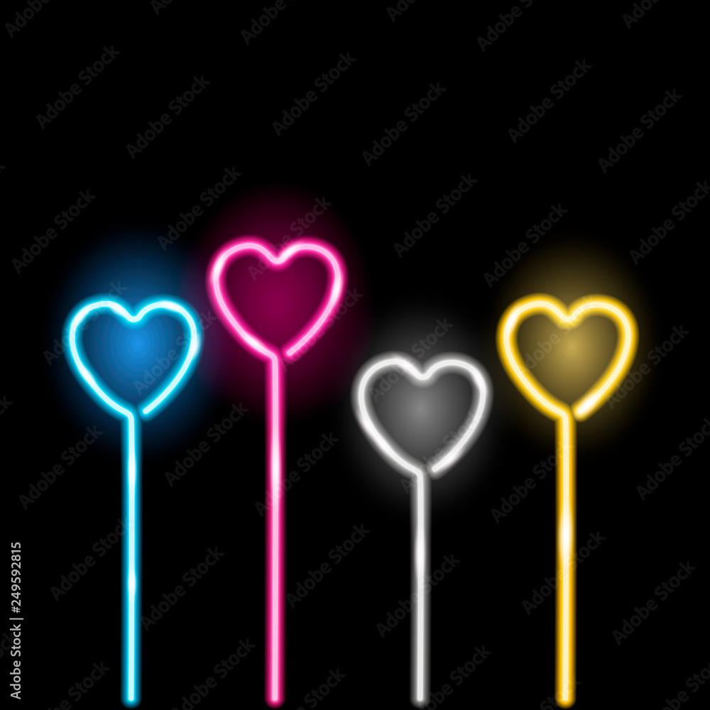 Neon icons of four multicolored hearts. Isolated on black background. Valentines day romantic designe element. Love concept. Vector 10 EPS illustration.