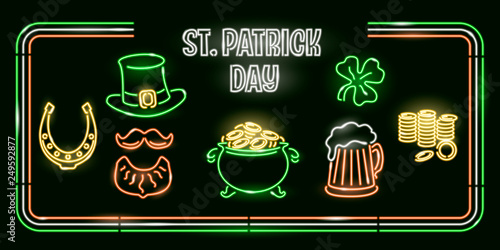 Set of neon icons for St. Patricks Day concept. Isolated on dark background. Designe elements for banner, flyer, logo, greeting card, poster in glowing signboard style. Vector 10 EPS illustration.