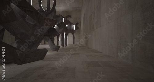 Abstract concrete gothic interior with neon lighting. 3D illustration and rendering.