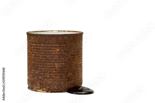 Rusty brown barrel with toxic waste leakage isolated on white background.