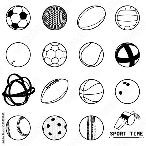 Illustration of contour balls icon of different sports and whistle SPORT TIME