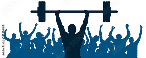 Weightlifter sport silhouette. Crowd of fans joy of victory. Weightlifting strongman. Vector illustration