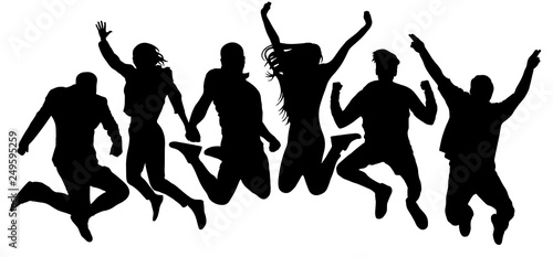 Jumping friends youth background. People jump vector silhouette. Cheerful man and woman isolated. Crowd jumping people, close to each other