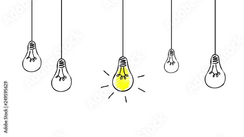 Hand drawn animated light bulbs invention or idea concept. Footage included green screen and luma matte.