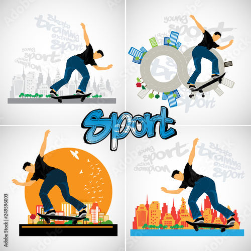 Skateboarder jump, sport background